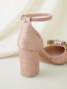 Clariva 女士时尚粗跟单扣水钻蝴蝶结婚礼派对尖头高跟鞋，舒适性感，春秋季，优雅，女士高跟鞋，优雅 - 玫瑰金 - 查看 3