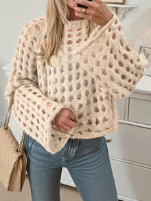 Cubierta de punto vintage calada para mujer, ajuste holgado, ligera y transparente, versátil para vacaciones y playa de verano - Beis - Ver 2