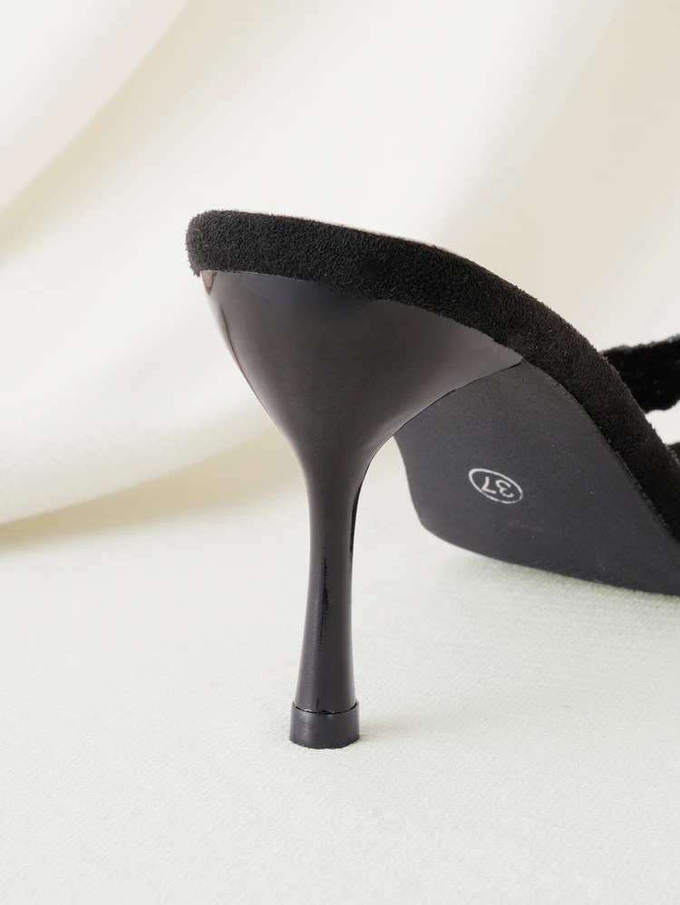 Clariva Women's Embroidered Fabric Open Toe High Heel Mule Slippers, Classic White And Black Colors, Suitable For Mother's Day - Black - View 2