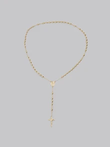 DareSee Stainless Steel Necklace For Women, Religious Christian Virgin Mary & Jesus Cross Pendant With Long Beaded Chain, Fashion Jewelry - Gold - View 3