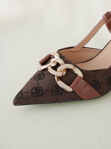 Clariva Zapatos de tacón alto con punta cuadrada y decoración de cadena, elegantes tacones de aguja marrones para primavera, otoño, fiestas al aire viajes diarios, elegantes - Café integral - Ver 2