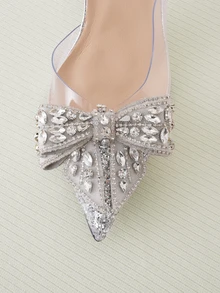 Clariva Fall/Winter 2025 Women's Pointed Toe High Heel Shoes With Rhinestone Bow Decoration, Back Strap, Perfect For Parties, Weddings, Spring And Summer, Silver PVC Glitter Shiny High Heels Valentines,Elegant,Women Pumps,Elegant,Party Outfits - Silver - View 4