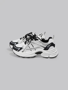 DareSee 2025秋季时尚百搭黑白拼接系带厚底运动鞋，女士音乐节必备 - 黑與白 - 查看 2