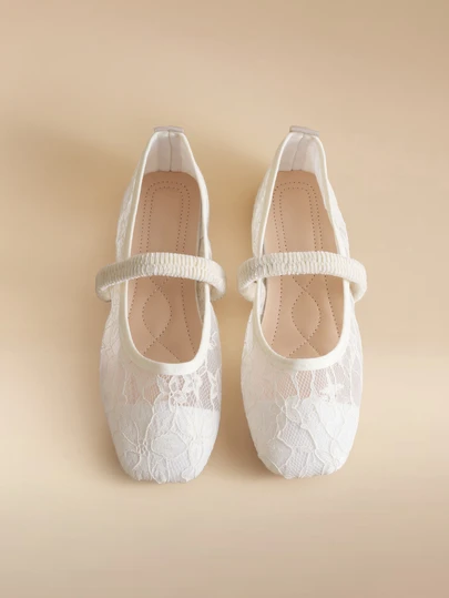 Glizzene 2025秋季新款加大码方头女鞋，时尚蕾丝玫瑰设计，户外休闲派对透气镂空平底乐福鞋，百搭芭蕾平底鞋，玛丽珍鞋，婚礼鞋