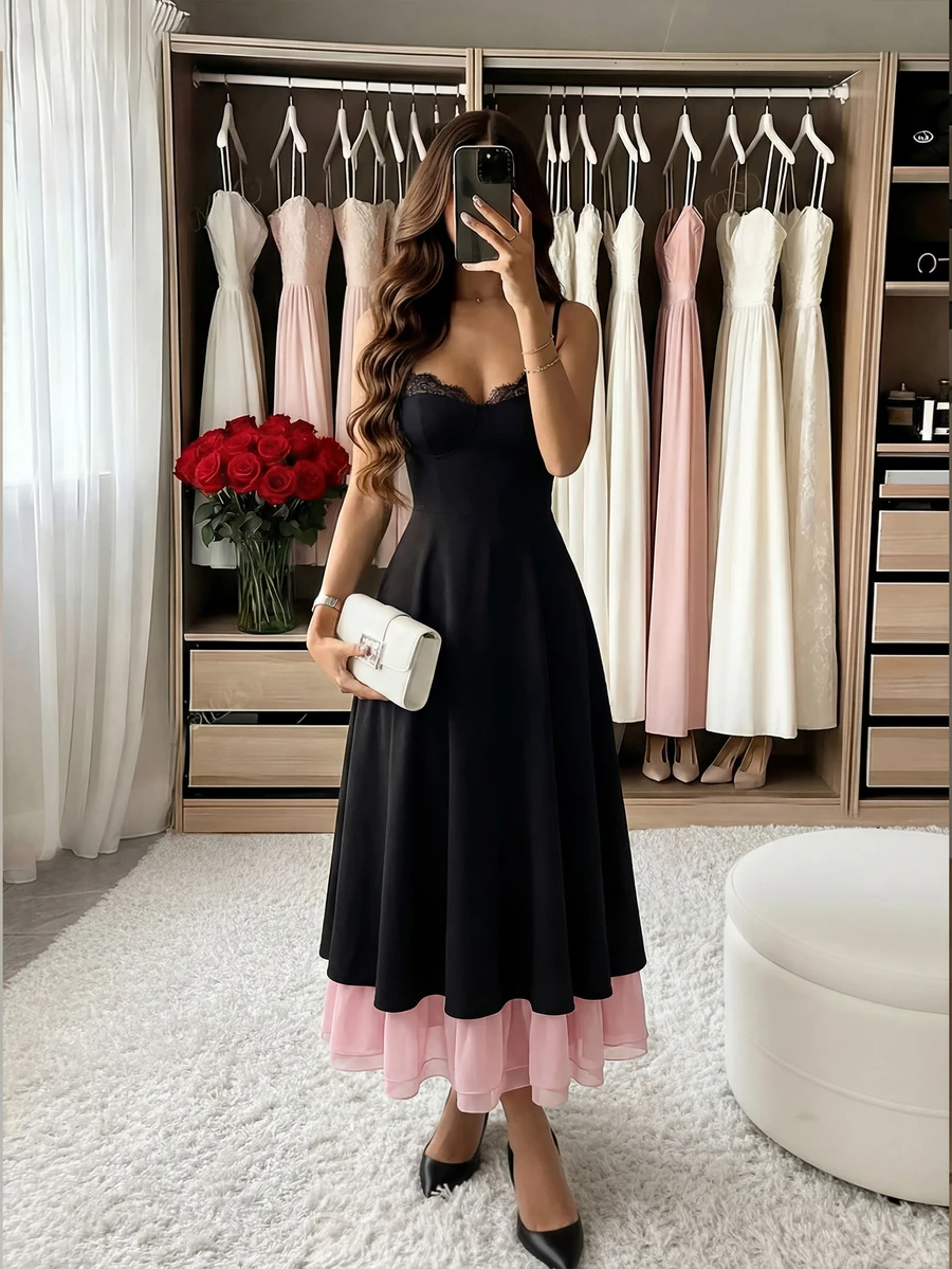 Đầm chiffon xếp ly, viền ren dệt, dáng xòe, thanh lịch, gợi cảm dành cho nữ, thích hợp cho kỳ nghỉ, đám cưới, tiệc tùng, hẹn hò. Màu đen. - màu đen - Xem 1