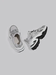 DareSee 女士厚底运动鞋，时尚轻便跑步网眼透气硫化鞋，适合 2025 年春秋季 - 銀色 - 查看 3