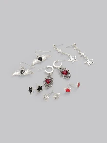 DareSee 6 Pairs Gothic Dark Studded Dripping Oil Five-Pointed Star, Bat, Heart Rose, Guitar, Key, Starfish, Crow, Skull Fashionable Luxury Design Earrings Set - Multicolor - View 3
