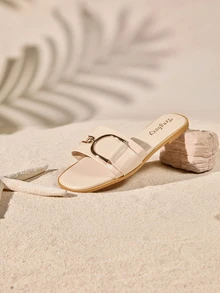 Tropiscape Women's Fashion Flat Sandals, Casual Flat Sandals With Buckle, Summer Footwear - Beige - View 2