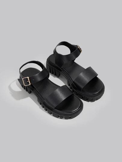 DareSee 中性女士扣飾坡跟涼鞋,酷黑色踝帶防水台涼鞋適合夏天