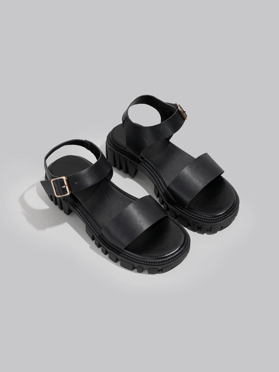 DareSee Neutral Women Buckle Wedge Sandals, Cool Black Solid Ankle Strap Platform Sandals For Summer Music Fest - Black - View 1