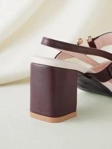 Clariva 女士粗跟尖头套脚高跟鞋，2025春夏新款百搭时尚高跟鞋，优雅 - 米色 - 查看 3