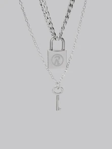 DareSee 2pcs Key Lock Necklace Set, Hiphop Style Alloy Silver Couple Necklaces, Suitable For Dating Gift - Silver - View 4