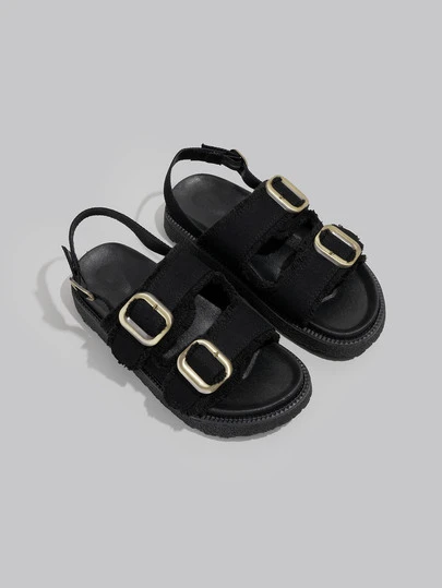 DareSee 女士黑色牛仔流蘇涼鞋，帶扣裝飾和厚底，女士黑色楔型鞋跟平臺涼鞋