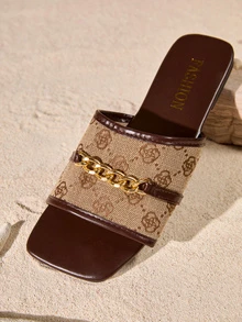 Tropiscape [Casual Flat Sandals] Women's Flat Sandals With Chain Buckle, Peep Toe, Slip-On, TPR Sole - Suitable For Beach - Brown - View 2