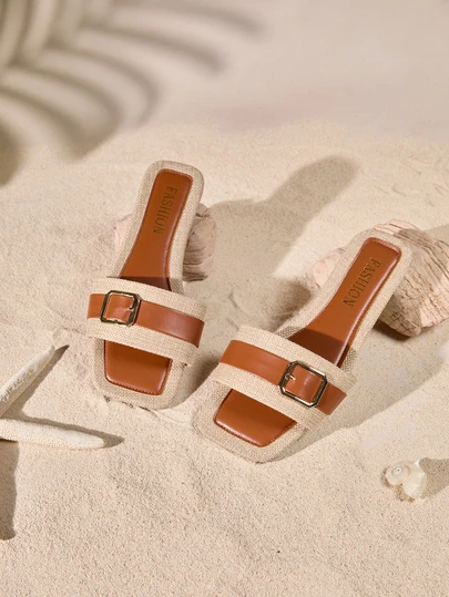 Tropiscape 1 Pair Vacation Style Color Block Slip-On Sandals, Women's Flat Square Toe Beach Slippers, Linen Pattern Slide Sandals, Versatile For Summer