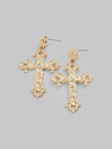 DareSee 1pair -Color Cross Shaped Zinc Alloy Earrings With Rhinestone Detail For Women, Party Gift Music Fest Halloween - Yellow Gold - View 4