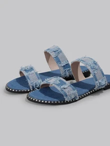 DareSee 2024年夏季女鞋布邊圓頭平底拖鞋，休閒沙灘懶人鞋 - 藍色 - 查看 4