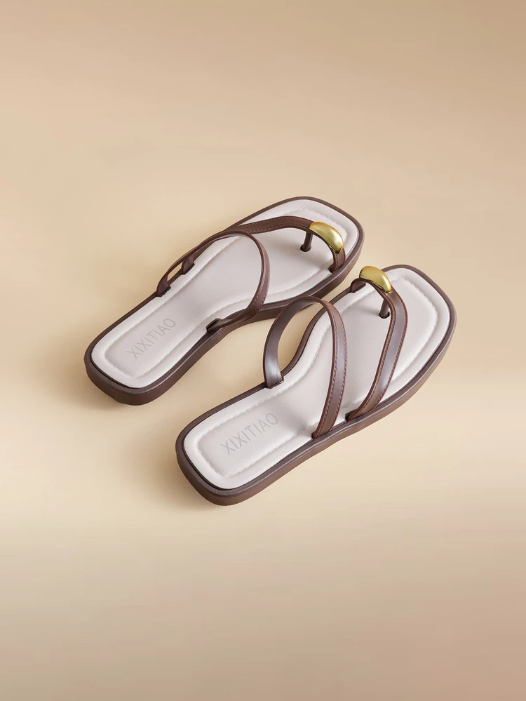 XIXITIAO Women's Outdoor Soft Bottom Flip Flops, Versatile Solid Color Thong Sandals For Beach, French Minimalist Style Flat Square Toe Lightweight Comfortable Casual House Slippers, Suitable For Beach/Outdoor/Party Wedding Wedding - Brown Belt Style - View 2