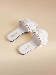 Glizzene 女士平底凉鞋，法式时尚圆头套脚拖鞋，2024新款夏季沙滩度假休闲拖鞋，情人节婚礼鞋 - 白色 - 查看 5