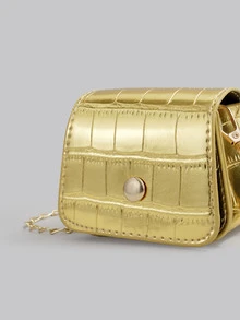 DareSee Mini Metallic Crocodile Embossed Flap Chain Square Bag, Animal Print Women Bag - Gold - View 5