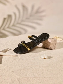 Tropiscape 女士平底凉鞋，露趾方头，时尚休闲风，适合搭配连衣裙、海滩漫步、日常休闲穿着，黑金配色，轻便舒适。 - 黑色 - 查看 2