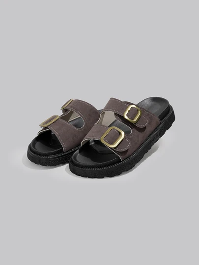 DareSee 防水台軟底鈕扣裝飾用品露趾防水台涼鞋,女士灰色坡跟粗跟涼鞋