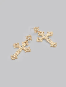 DareSee 1pair -Color Cross Shaped Zinc Alloy Earrings With Rhinestone Detail For Women, Party Gift Music Fest Halloween - Yellow Gold - View 2