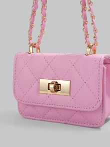 DareSee Mini Square Bag New Women Handbag, Rhombus Quilted High-Quality Shoulder Bag, Woven Chain Cover Flap Small Crossbody Lipstick Bag, Cute Accessories Bag , Pink - Pink - View 5