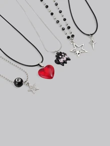 DareSee 5pcs/Set Vintage Fashion Leather Rope Star Pendant Necklace, Unisex, Antique Silver Color, Y2K Aesthetic Style Jewelry Music Fest Back To School - View 2