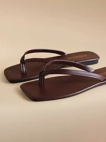 Glizzene New Spring/Summer Women's Chocolate Brown Thong Sandals, Square Toe Flat Slip-On, Fashionable Casual Slippers Wedding Wedding - Chocolate Brown - View 3