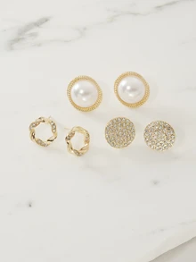Clariva 3pairs Pearl Decor Stud Earrings - Yellow Gold - View 2