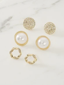 Clariva 3pairs Pearl Decor Stud Earrings - Yellow Gold - View 3