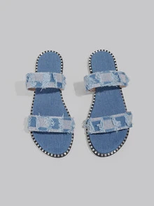 DareSee 2024年夏季女鞋布邊圓頭平底拖鞋，休閒沙灘懶人鞋 - 藍色 - 查看 3