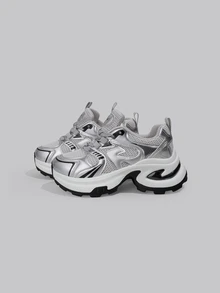 DareSee 女士厚底运动鞋，时尚轻便跑步网眼透气硫化鞋，适合 2025 年春秋季 - 銀色 - 查看 2