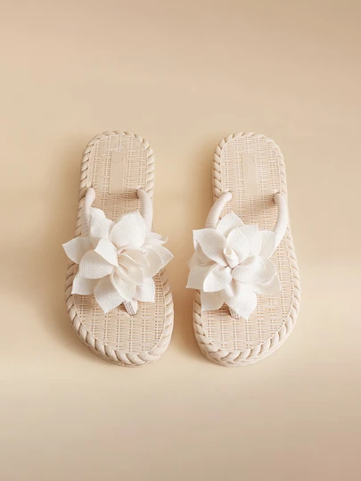 Glizzene 女性ファッションシューズ - 牡丹の花飾り夏靴、ストロー編みフラットサンダル、カジュアルビーチレディーススリッパ、偽麻ソールビーチサンダル ウェディング