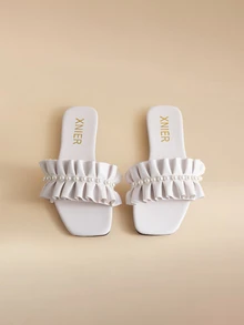 Glizzene 女士平底凉鞋，法式时尚圆头套脚拖鞋，2024新款夏季沙滩度假休闲拖鞋，情人节婚礼鞋 - 白色 - 查看 1