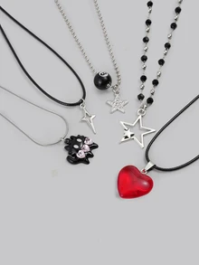DareSee 5pcs/Set Vintage Fashion Leather Rope Star Pendant Necklace, Unisex, Antique Silver Color, Y2K Aesthetic Style Jewelry Music Fest Back To School - View 4