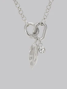 DareSee 1pc Leaf Crystal Buckle Necklace, Fashionable Silver-Tone Alloy Pendant Necklace, Daily Wear & Birthday Gift For Women - Silver - View 3