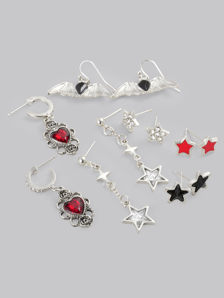 DareSee 6 对哥特式深色铆钉滴油五角星、蝙蝠、心形玫瑰、吉他、钥匙、海星、乌鸦、骷髅时尚奢华设计耳环套装 - 彩色 - 查看 6