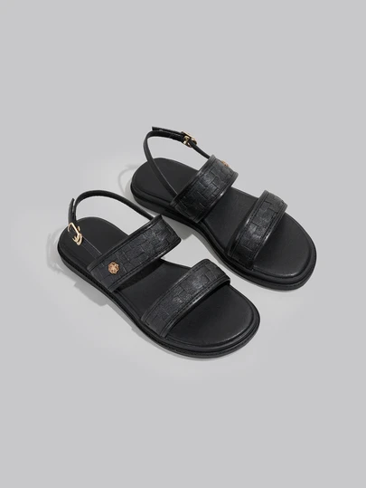 DareSee 女士厚底搭扣凉鞋，纹理编织不规则图案复古波西米亚风露趾舒适坡跟平底透气休闲户外沙滩鞋，2026春夏系列，不规则编织图案圆头黑色罗马凉鞋，加大码41-43