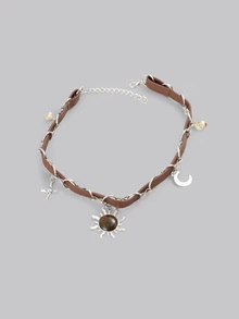 DareSee Malachite Star, Moon & Sun Shape Leather Patchwork Clavicle Necklace For Women, Fashionable European Style Versatile Delicate Sweet Elegant, Random Cat's Eye Pattern Delivery Music Fest - Brown - View 1