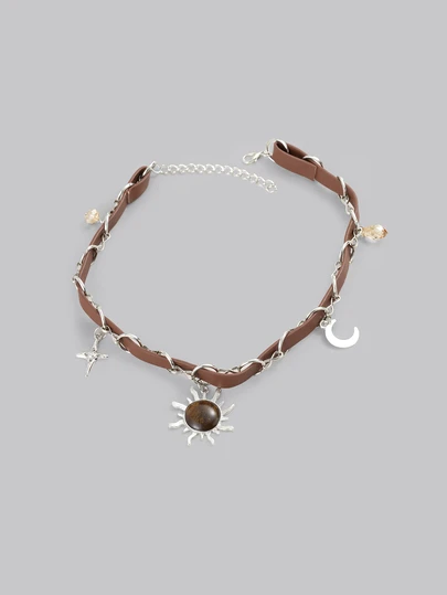 DareSee 孔雀石星月太阳形状皮革拼接锁骨项链，时尚欧式百搭精致甜美优雅，猫眼图案随机发货