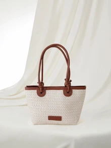 Clariva 2024新款女士编织肩背包，大容量海滩度假包，手提上班族女包 - 米色 - 查看 1