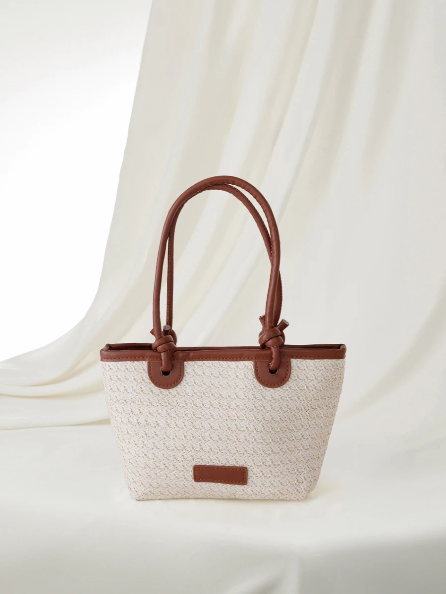 Clariva 2024新款女士编织肩背包，大容量海滩度假包，手提上班族女包 - 米色 - 查看 1