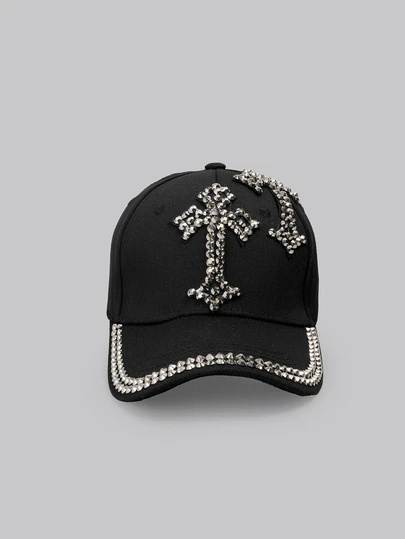 DareSee 1pc Rhinestone Decorated Cross Designed Street Style Baseball Cap Music Fest