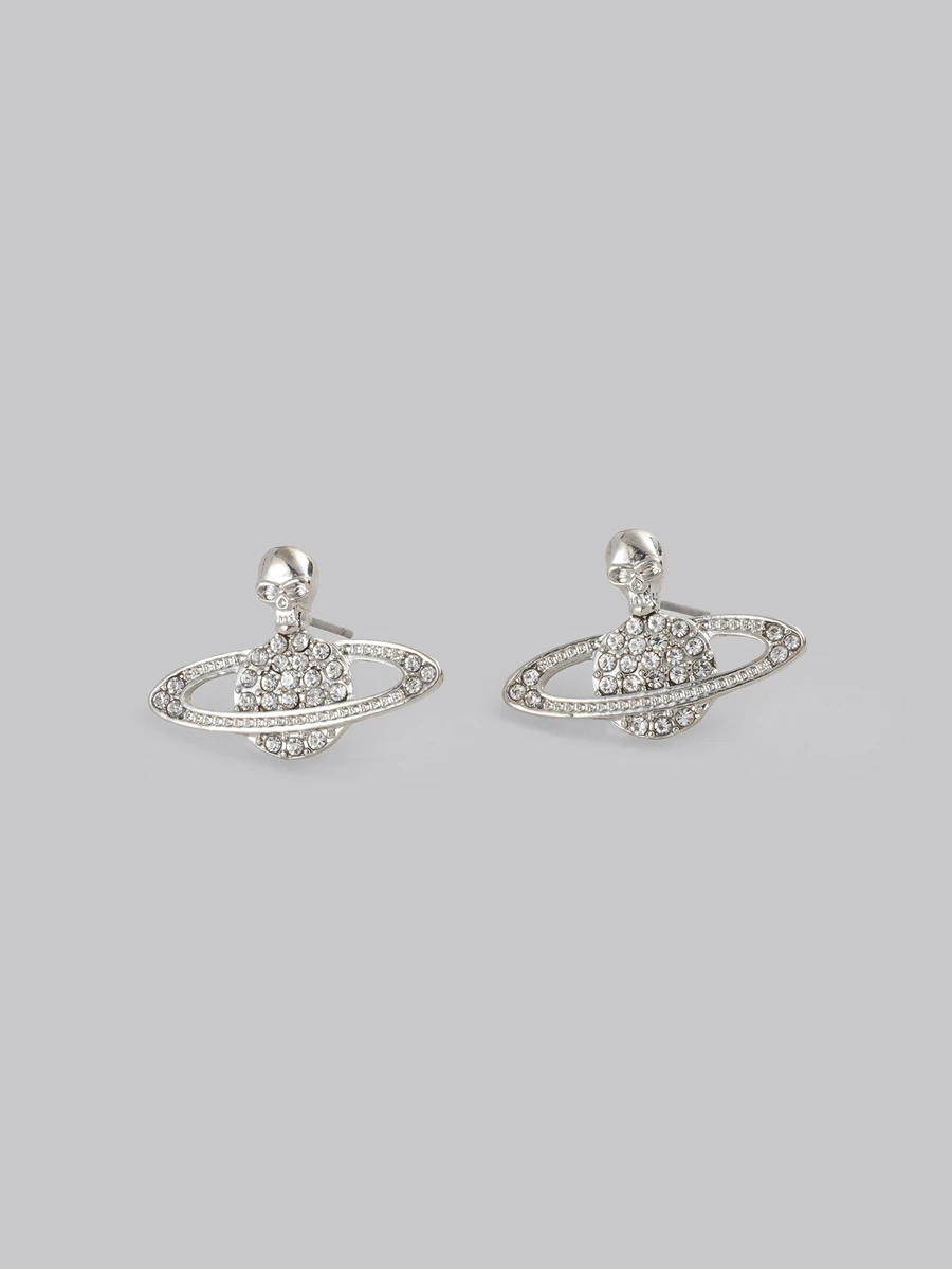 DareSee 1pair Geometric Shape & Rhinestone Decor Skull & Planet Stud Earrings Music Fest - Silver - View 1