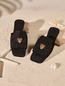 Tropiscape 女士方头豹纹平底一脚蹬凉鞋，时尚夏季新款黑色沙滩鞋，优雅休闲百搭女士平底拖鞋 - 黑色 - 查看 1