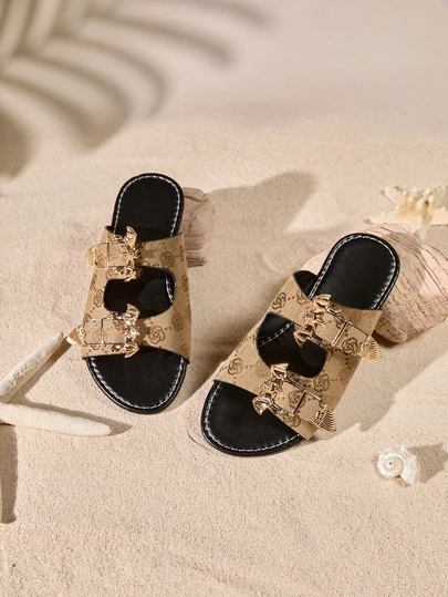 Tropiscape Women's Solid Color Fashion Sandals, With Bat Buckle Waist Belt Inlaid Lightweight Flat Slippers, Non-Slip Summer Slippers, Summer Roman Style Open Toe Backless Shoes, Fashionable Bat Toe Design, Good Breathability, Versatile Casual Sandals, Suitable For Pairing With Any Outfit