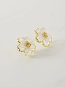 Clariva 1pair Fashionable And Versatile Small Flower Design Cubic Zirconia Women's Stud Earrings, Daily Accessory Valentines - Gold - View 3