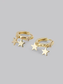 DareSee 1 Pair Recommended "Unique" Copper Micro-Inlaid Star Earrings/New European And American Style Copper Micro-Inlaid Cubic Zirconia Double Shooting Star Gorgeous Earrings. All Season, Suitable For Ladies' Academic/Business/Holiday/Party/Daily Wear (2025 Yiwu Jewelry Recommended Exclusive) Music Fest - Yellow Gold - View 4